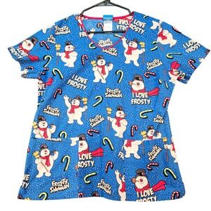 Frosty‎ the Snowman Scrub Top I Love Frosty Print Short Sleeve Blue Size M
